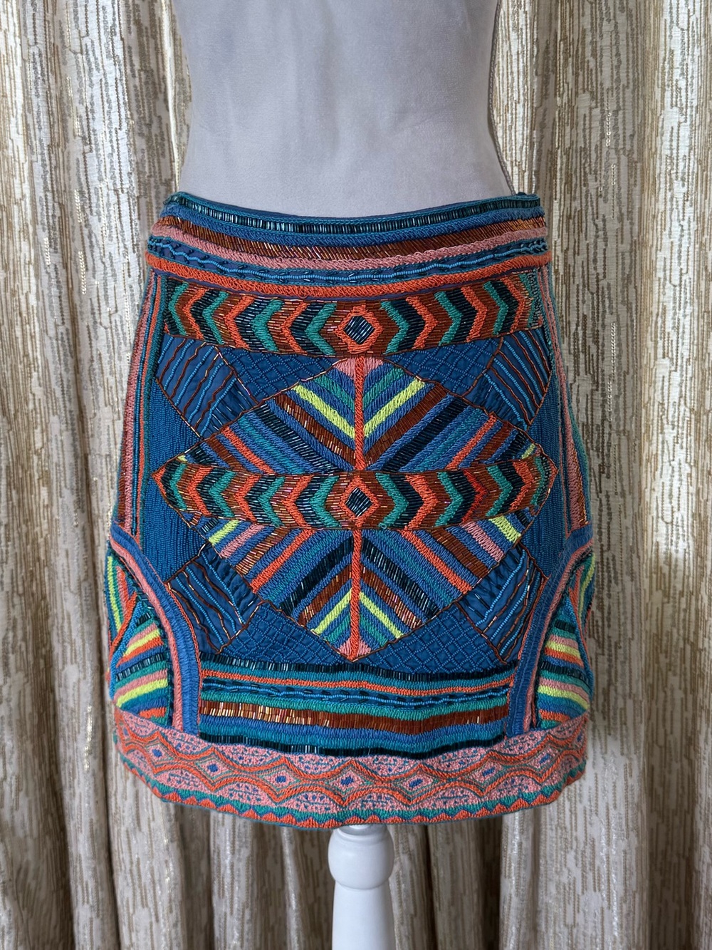 Pia Pauro Embroidered Blue Geo Pattern Mini Skirt